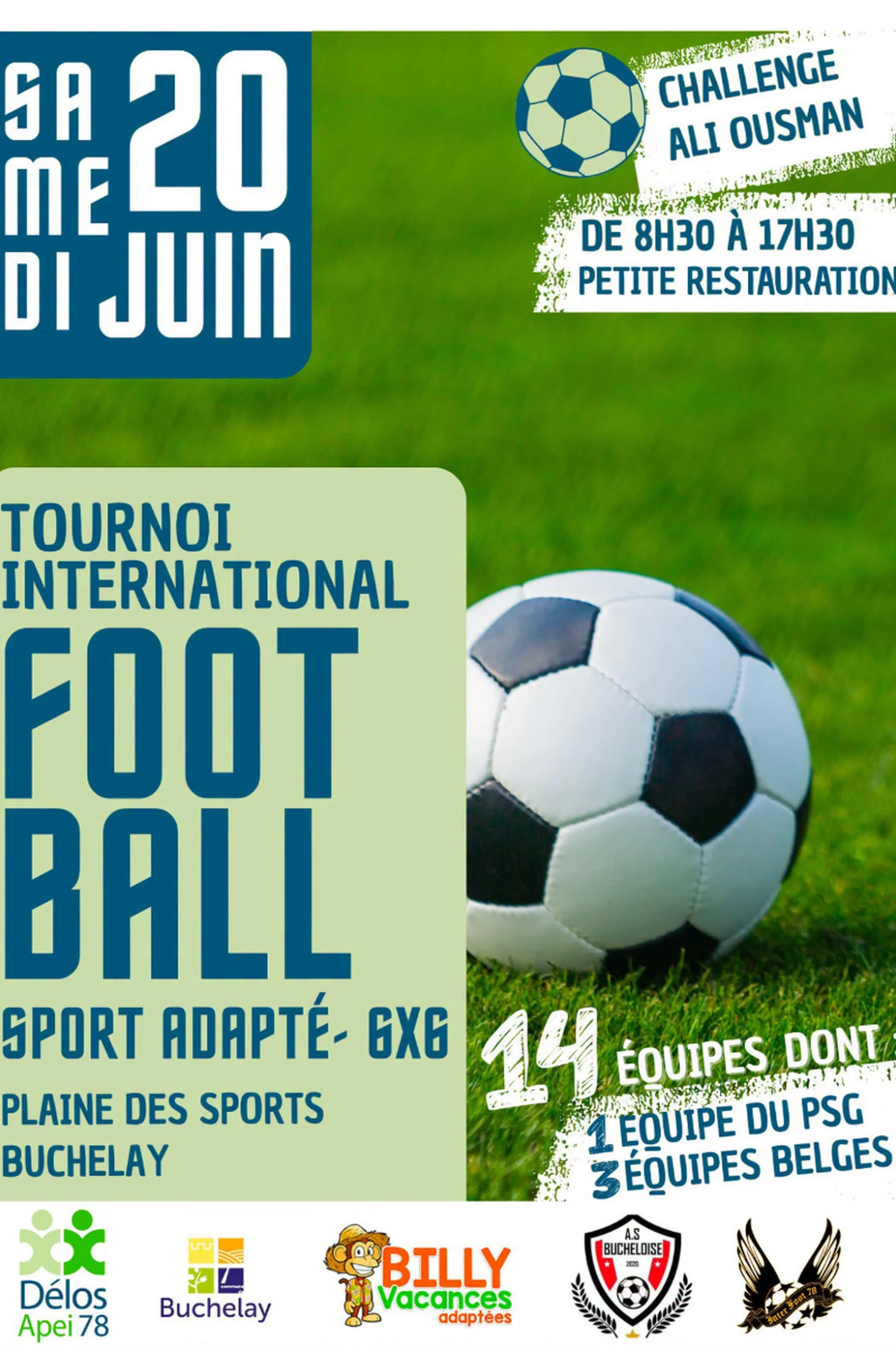 Visuel tournoi de football sport adapté avec ballon de foot sur pelouse date et horaire