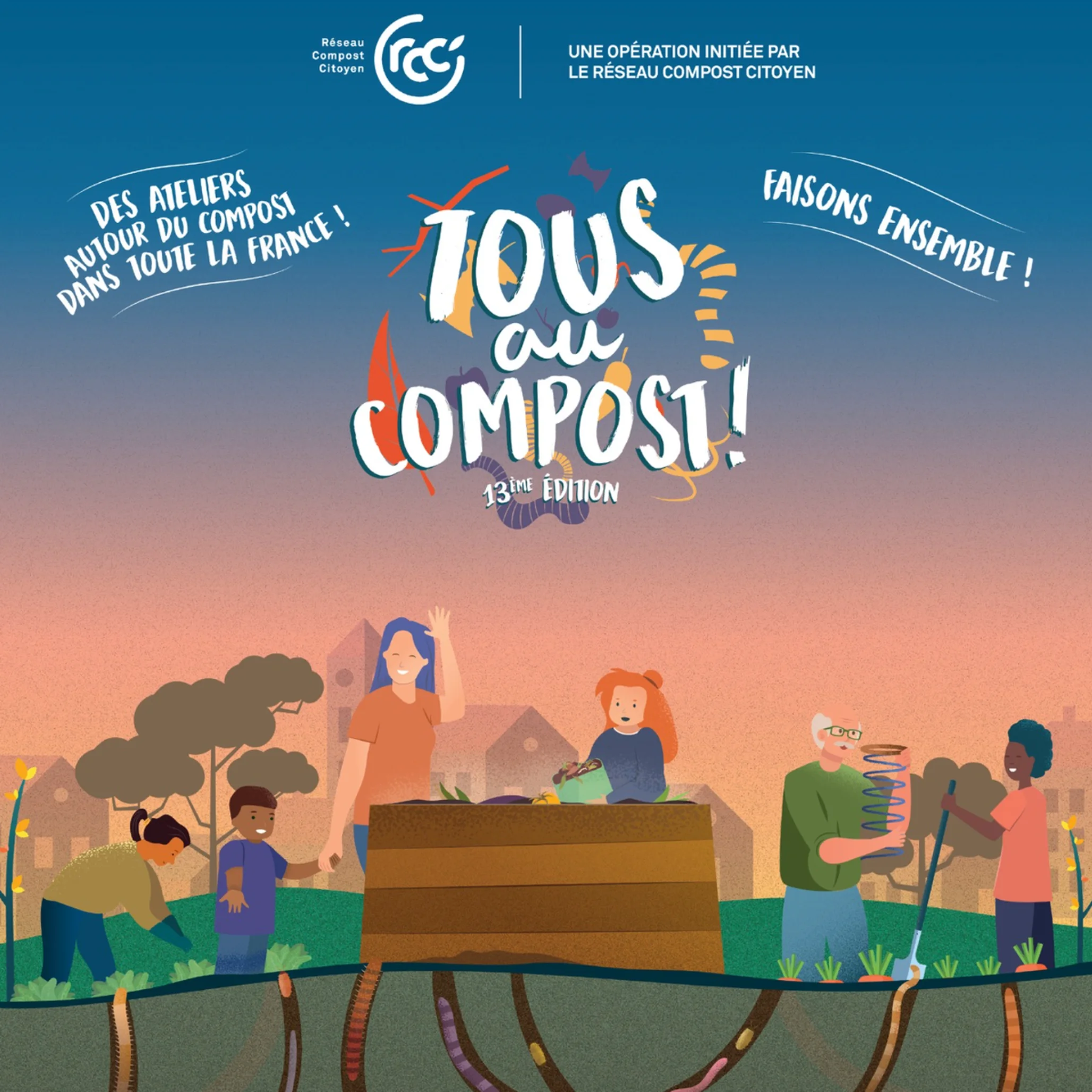 Affiche de l'événement tous au compost 13ème édition. Illustration de personnages qui font du compost