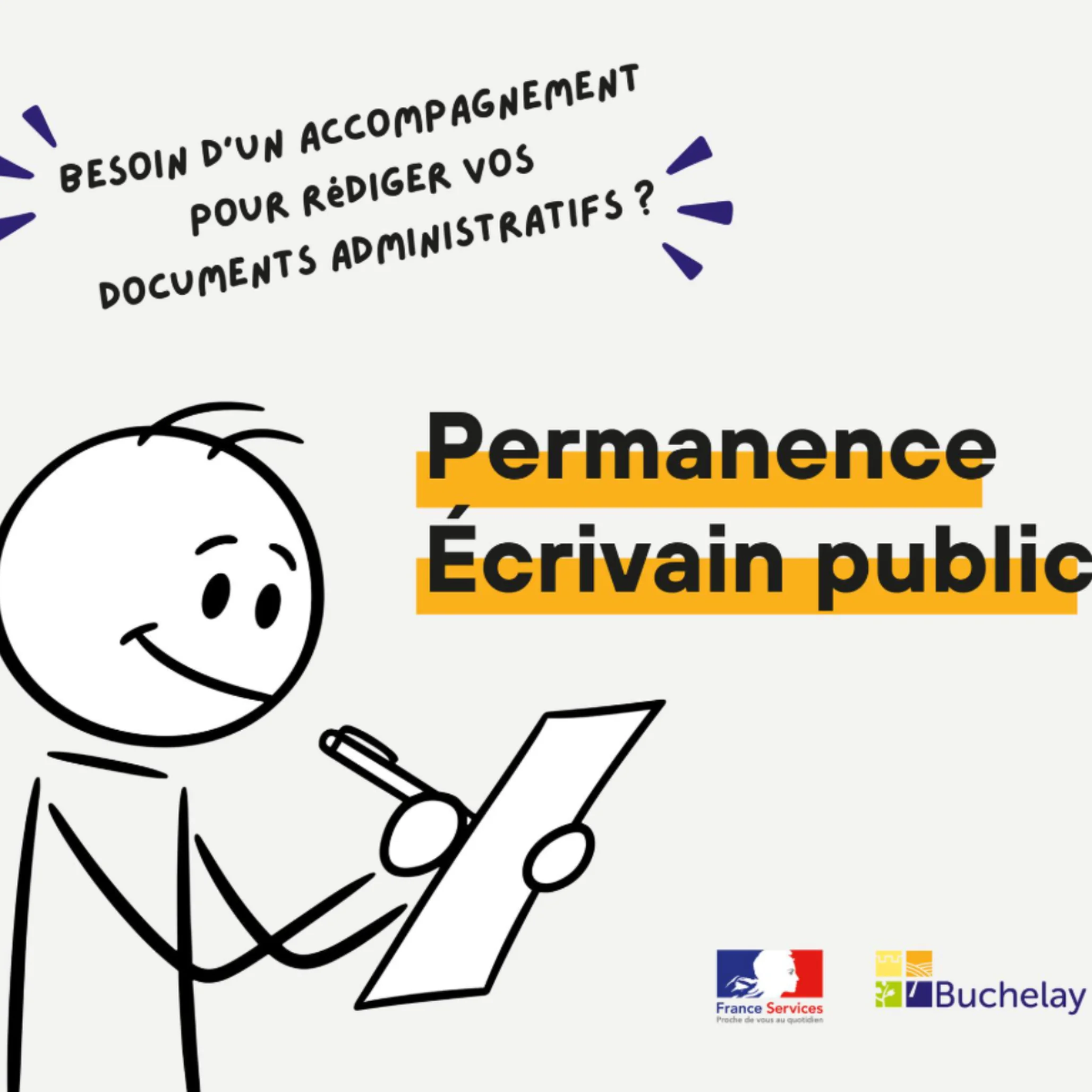 Visuel beige et orange avec un homme qui rédige un document