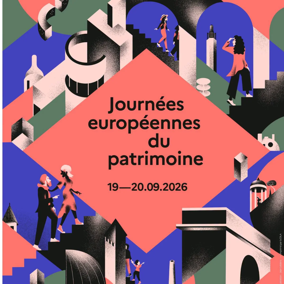 Visuel rouge et bleu des journées européennes du patrimoine avec plusieurs monuments différents